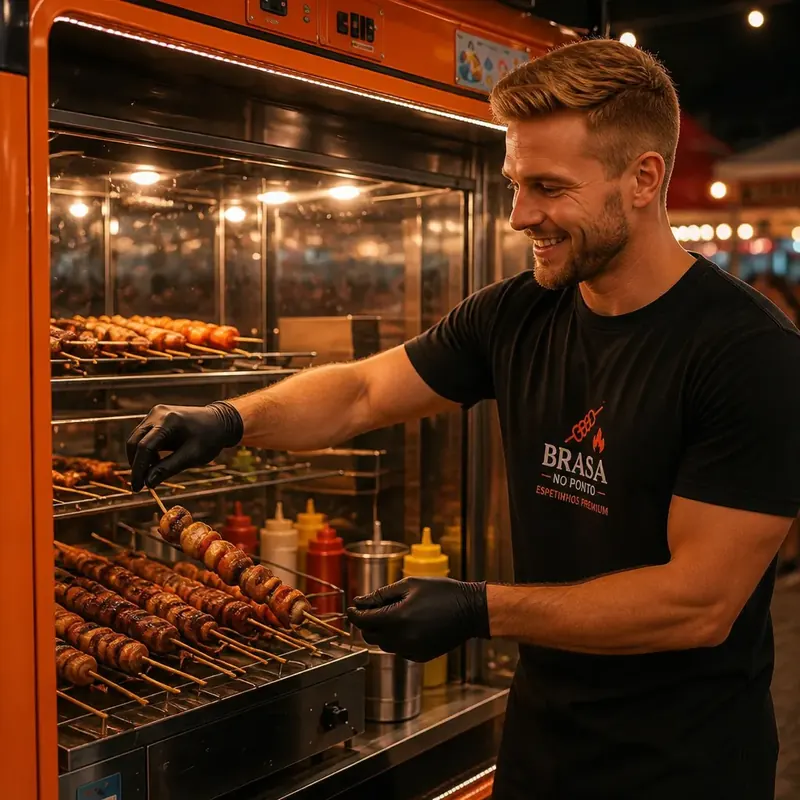Atendente vira espetinhos na grelha dentro de um mini food truck laranja