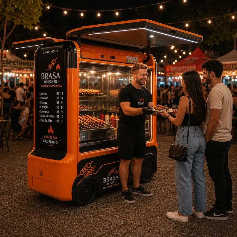 Atendente entrega espetinhos a casal num mini food truck laranja em praça à noite