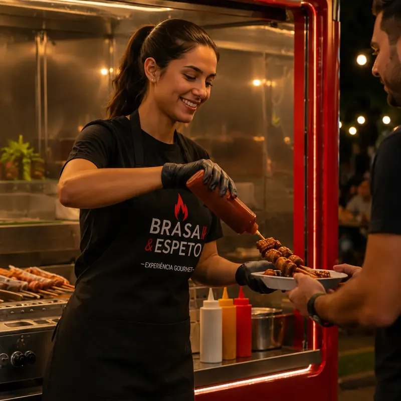 Mini food truck vermelho de espetinho atendendo casal em praça à noite