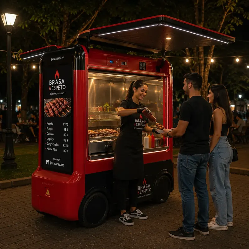 Atendente finaliza espetinhos com molho no balcão do food truck à noite