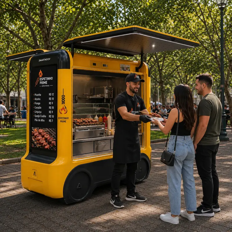 Atendente entrega espetinhos a casal num mini food truck amarelo em parque