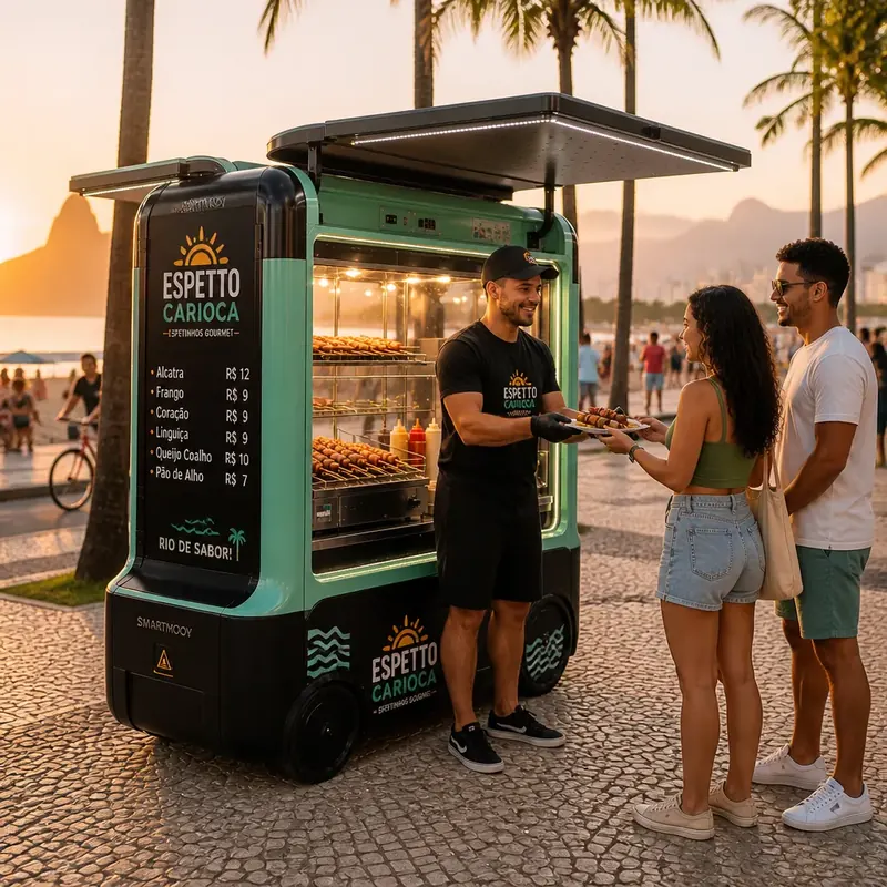 Atendente serve prato de espetinhos a casal num mini food truck verde na orla ao pôr do sol