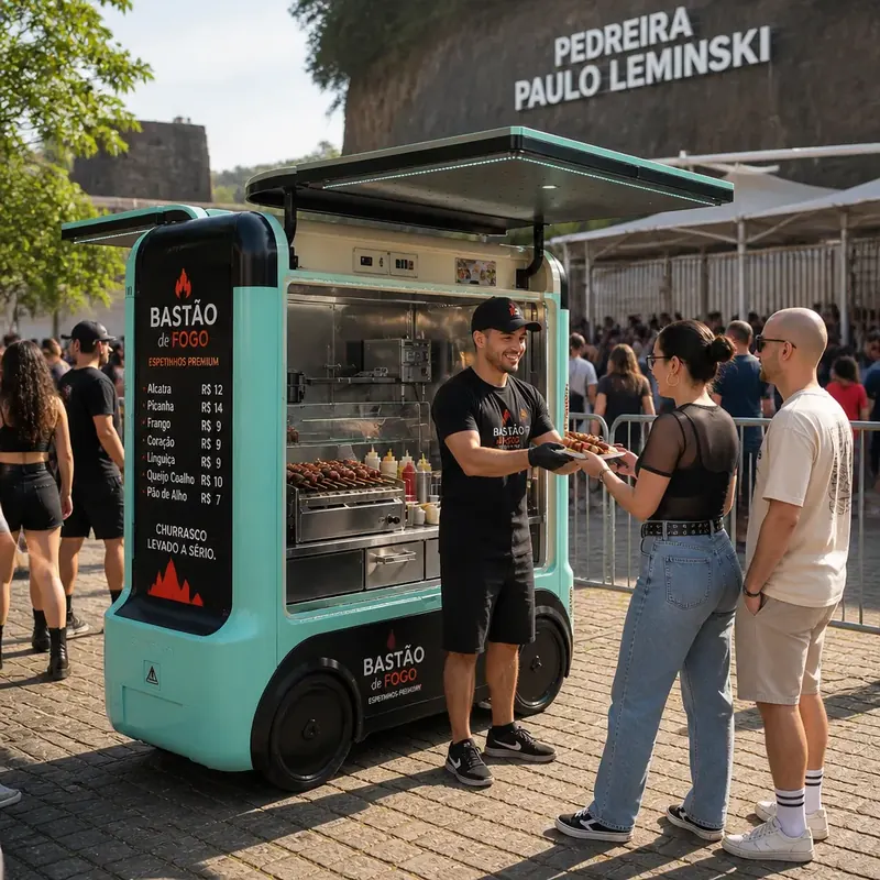 Mini food truck de espetinho turquesa atendendo público na entrada de uma casa de shows