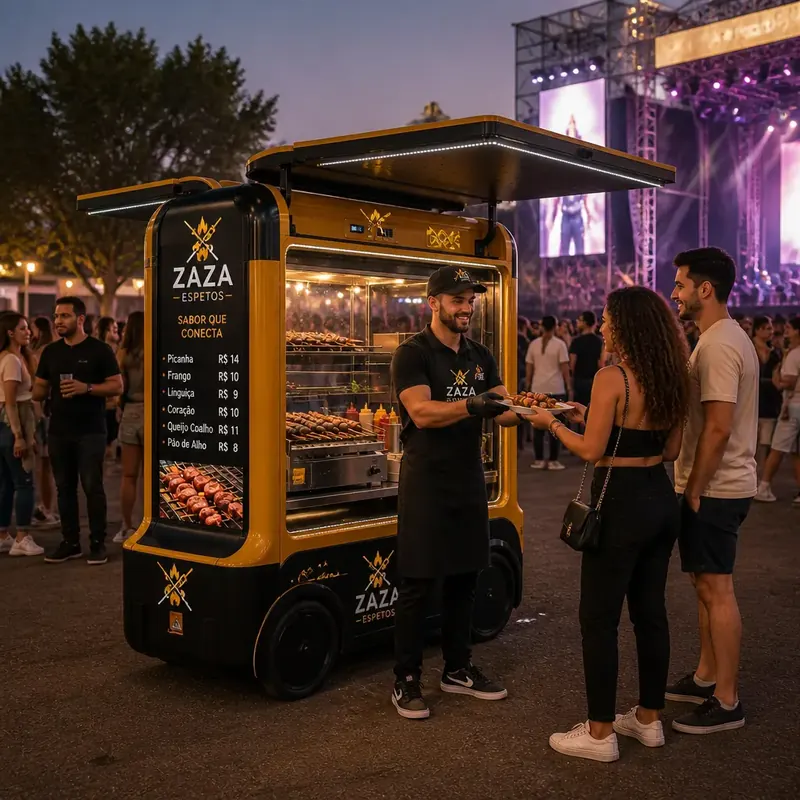 Atendente entrega espetinhos a casal num mini food truck preto e dourado ao lado do palco de um show