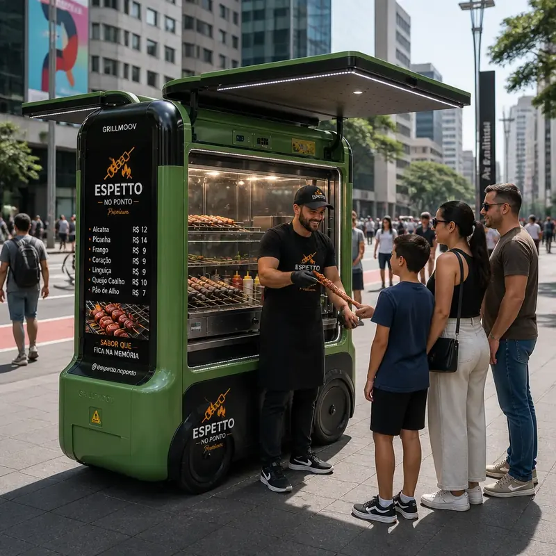Atendente entrega espetinho a criança num mini food truck verde em avenida movimentada