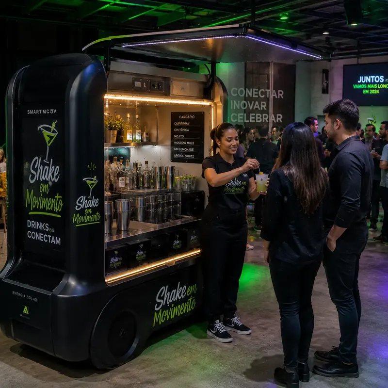 Bartender prepara drinks em stand móvel preto durante evento corporativo