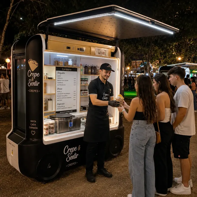 Atendente entrega crepe para clientes num mini food truck em festival noturno