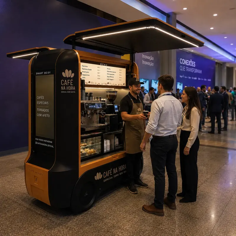 Barista entrega café a participantes de evento em carrinho Café na Hora