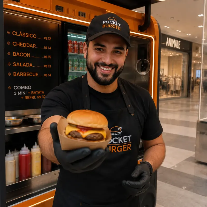 Atendente sorri e oferece cheeseburger na frente do cardápio em shopping