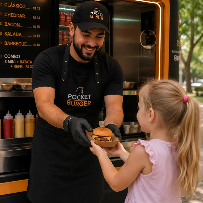 Atendente entrega hambúrguer a uma menina na janela do food truck