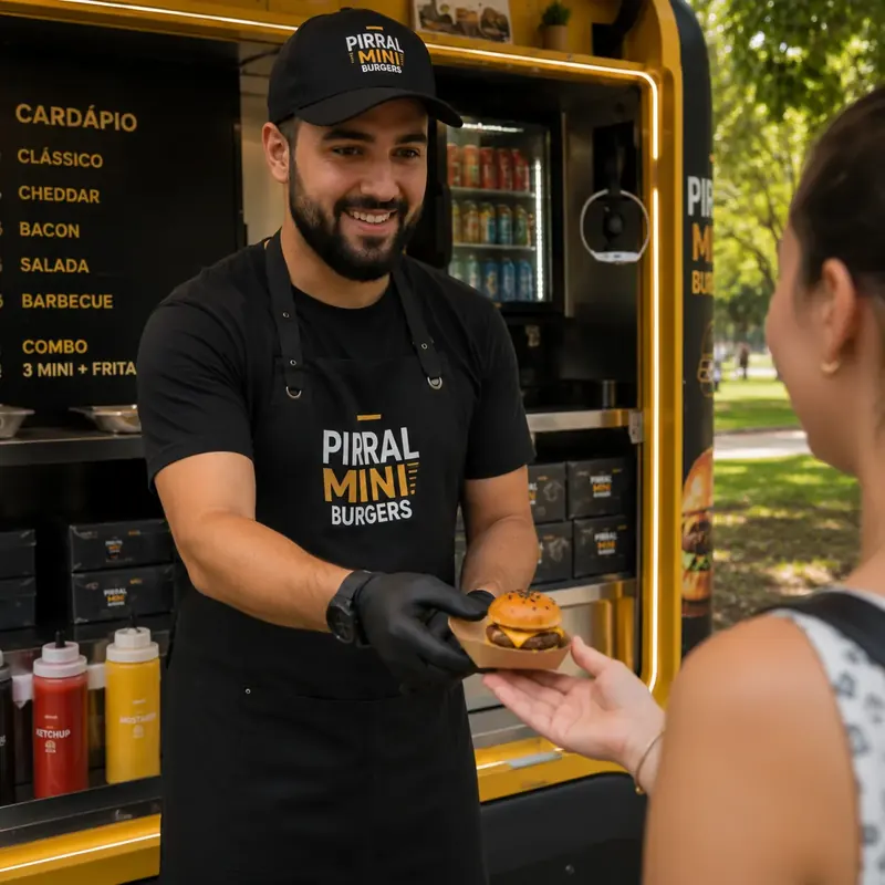 Atendente entrega mini hambúrguer a cliente num food truck em parque
