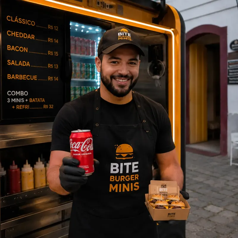Atendente segura lata de refrigerante e caixa de mini burgers na frente do cardápio de combos
