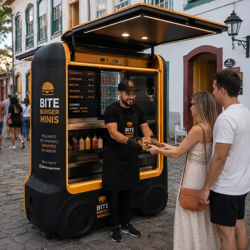 Atendente entrega caixa de mini hambúrgueres a casal num food truck preto em rua de pedra