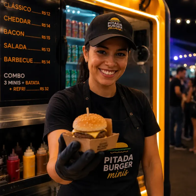 Atendente mostra mini cheeseburger na frente do cardápio com combo de batata e refrigerante