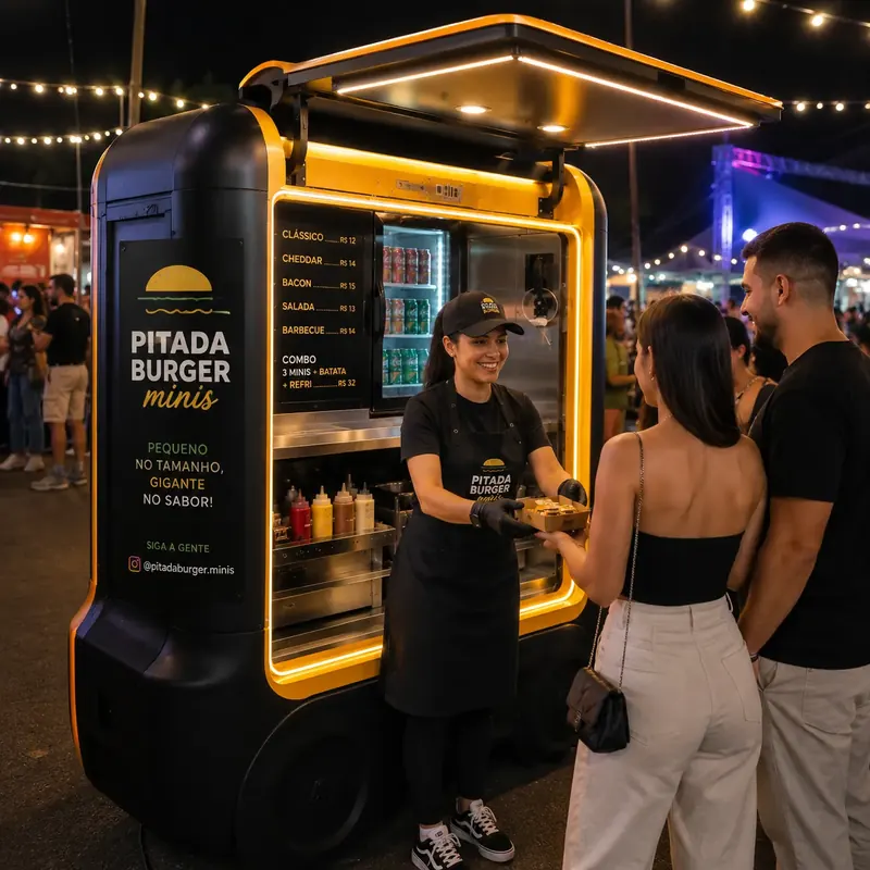 Atendente serve mini hambúrgueres a casal num food truck iluminado em festival noturno