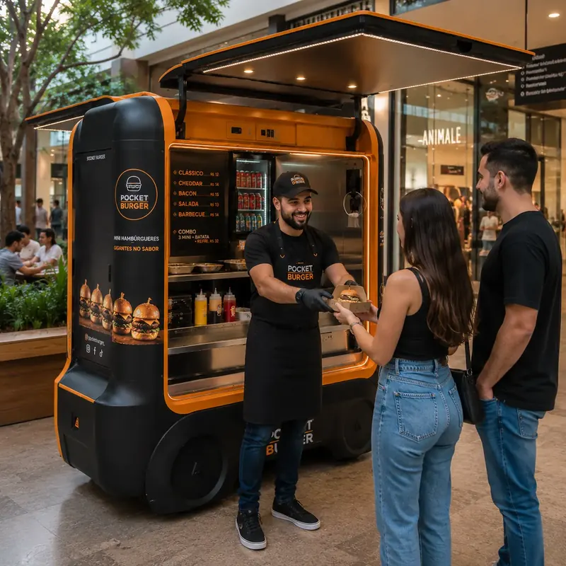 Atendente entrega hambúrguer a casal num food truck laranja em área de shopping