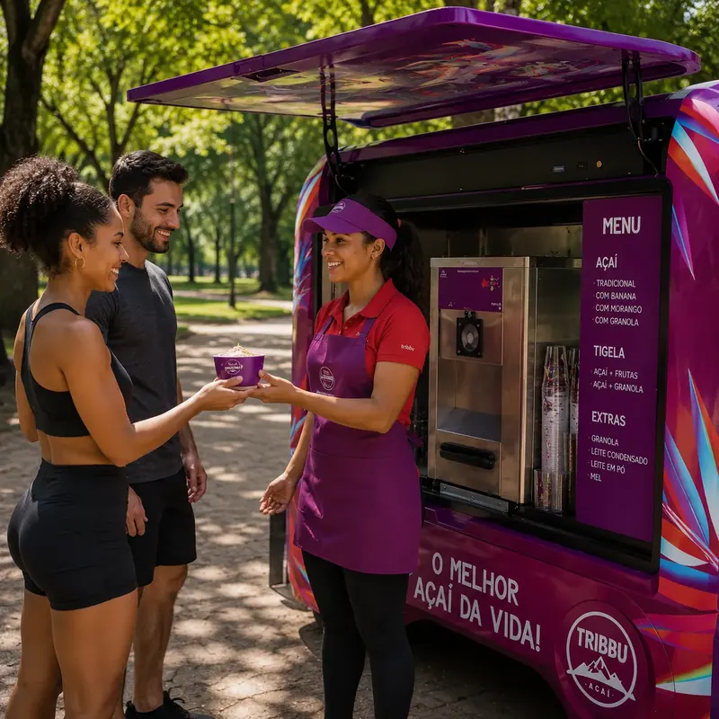 Atendente entrega açaí a um casal em mini trailer roxo num parque