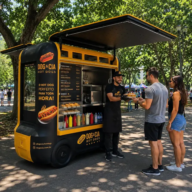 Atendente entrega cachorro quente a um casal em mini trailer amarelo num parque