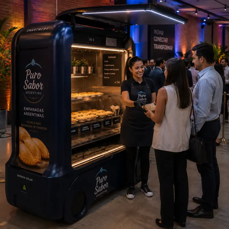 Atendente serve empanadas a convidados em mini trailer azul-escuro num evento corporativo