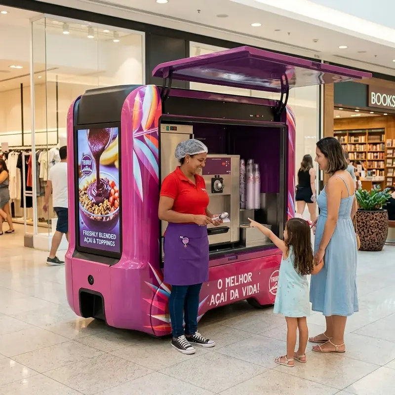 Atendente serve açaí a mãe e filha em quiosque roxo dentro de um shopping