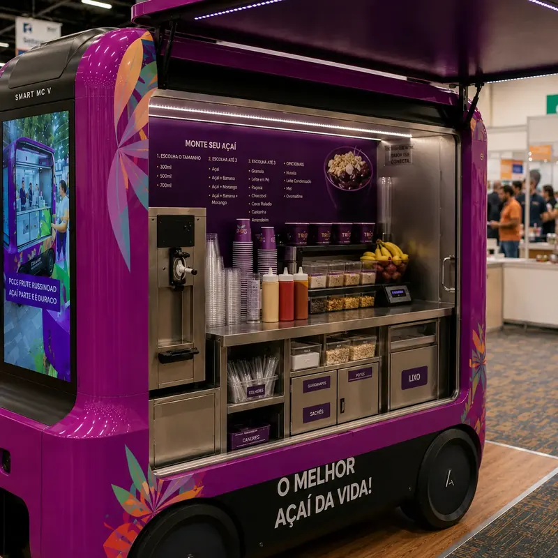 Interior de quiosque de açaí com máquina, copos, caldas e potes de toppings