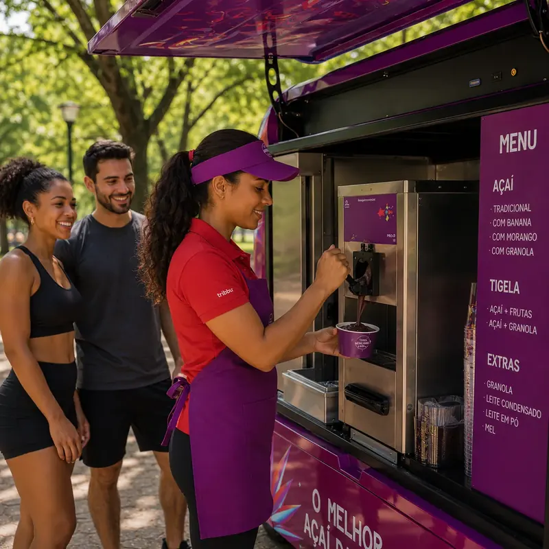 Atendente prepara açaí para um casal em roupa de academia num parque