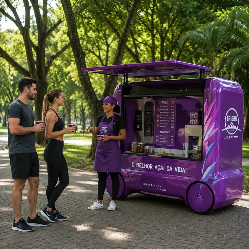 Quiosque de açaí roxo aberto num parque com casal segurando copos
