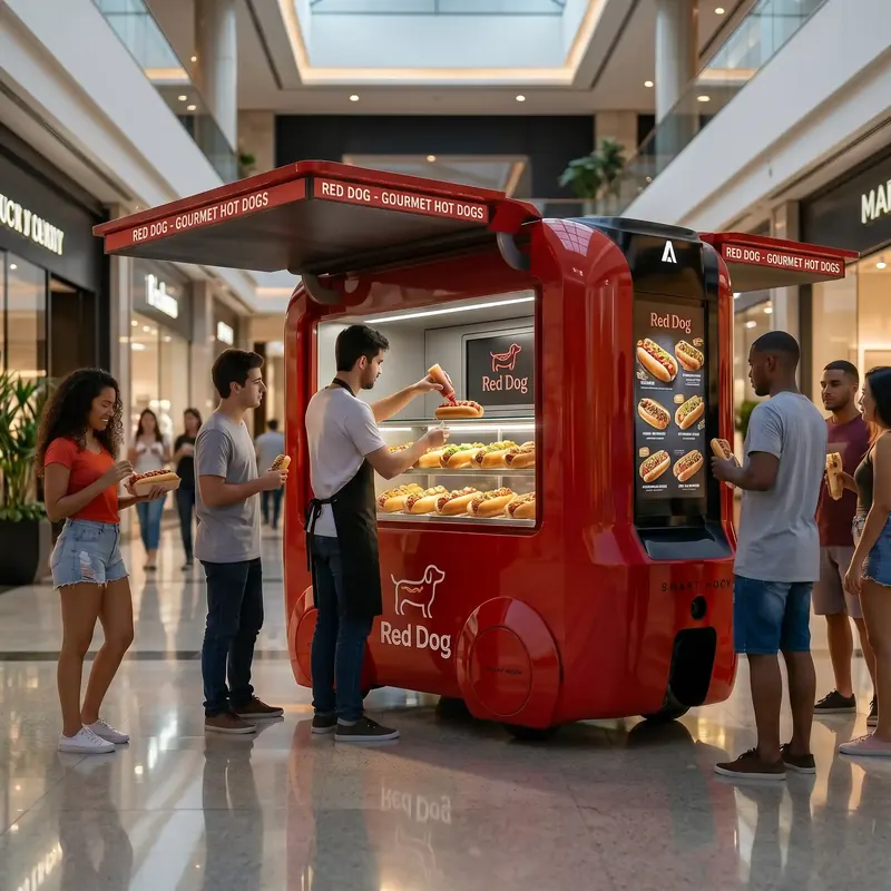 Jovens comendo hot dog ao redor de um mini food truck vermelho em shopping