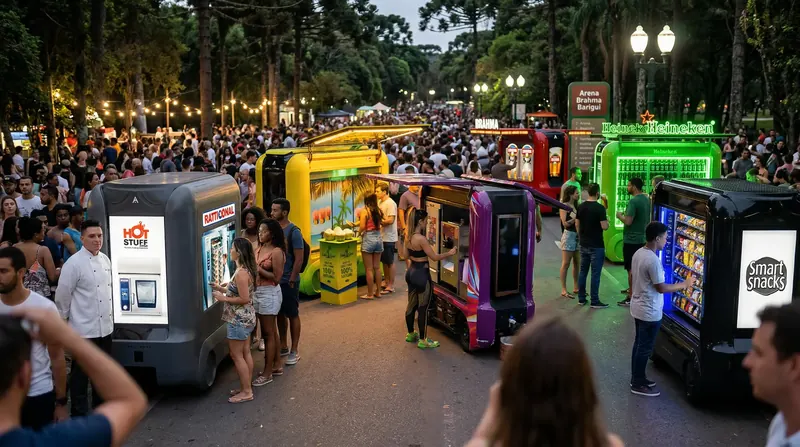 Várias unidades Smart Moov coloridas atendendo multidão em evento noturno
