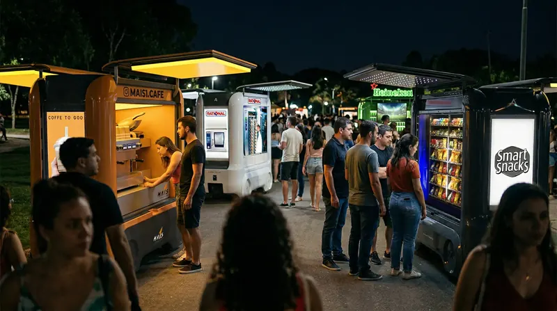Mini trailers de café e snacks lado a lado atendendo público em evento noturno