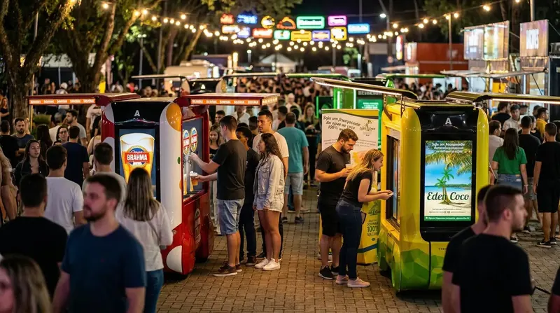 Unidades Smart Moov com telas acesas atendendo público num evento noturno