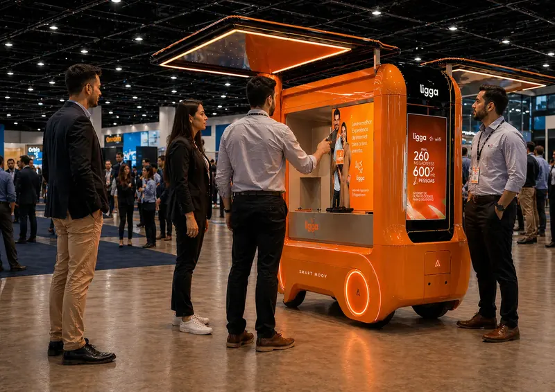 Unidade Smart Moov laranja com telas digitais em feira de negócios
