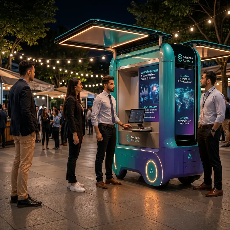 Smart Moov azul com telas digitais e notebook atendendo executivos num evento