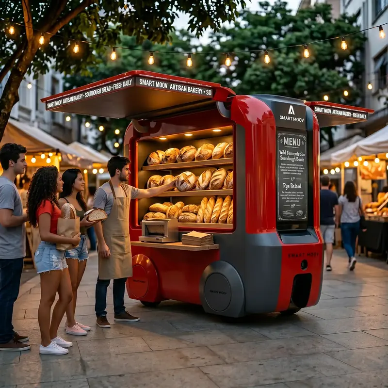 Padeiro entrega pães em mini trailer de padaria artesanal numa feira de rua