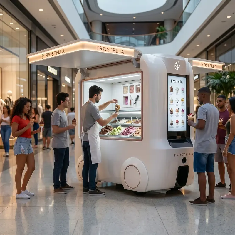 Atendente serve sorvete a clientes em quiosque branco no átrio de um shopping
