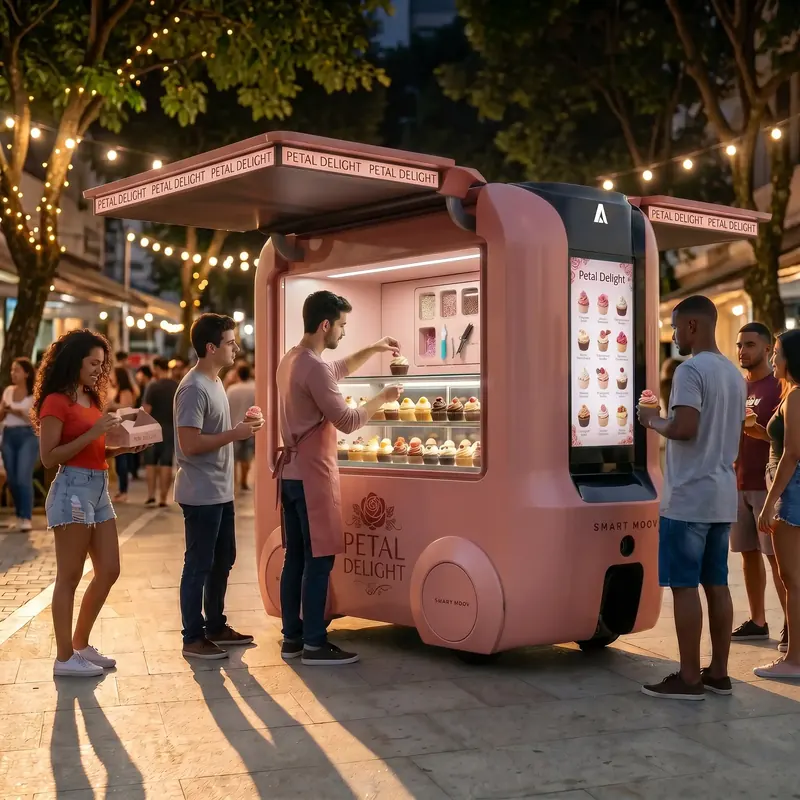 Confeiteiro atende clientes em mini food truck rosa com vitrine de cupcakes