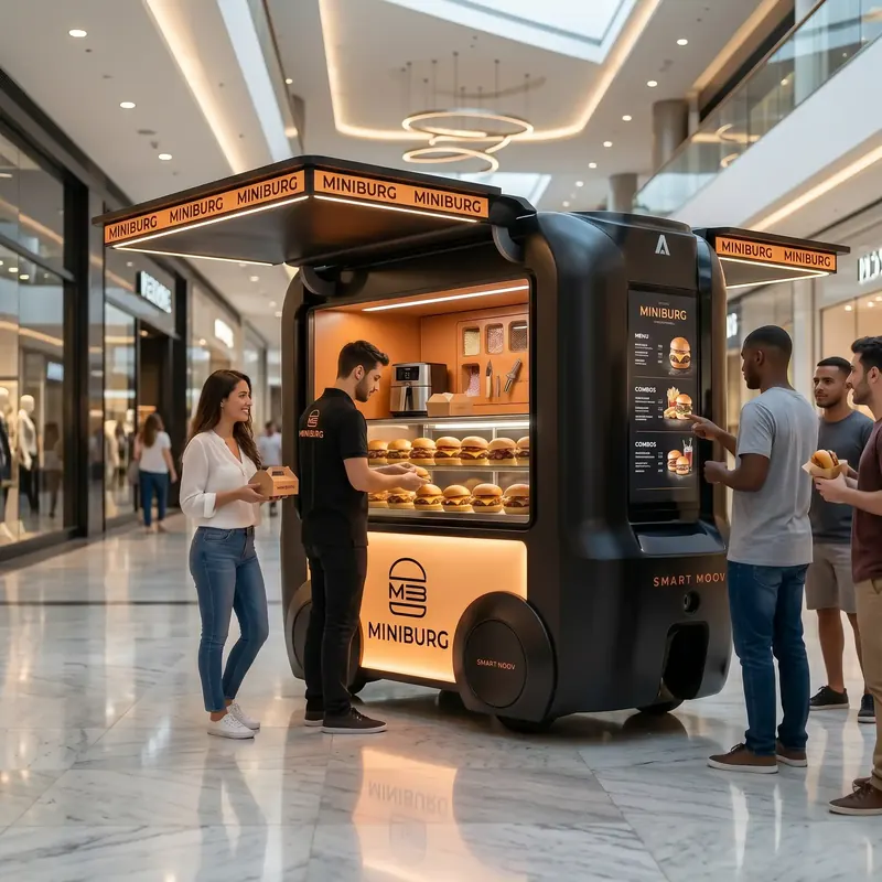 Atendente entrega hambúrguer a clientes em quiosque preto num corredor de shopping