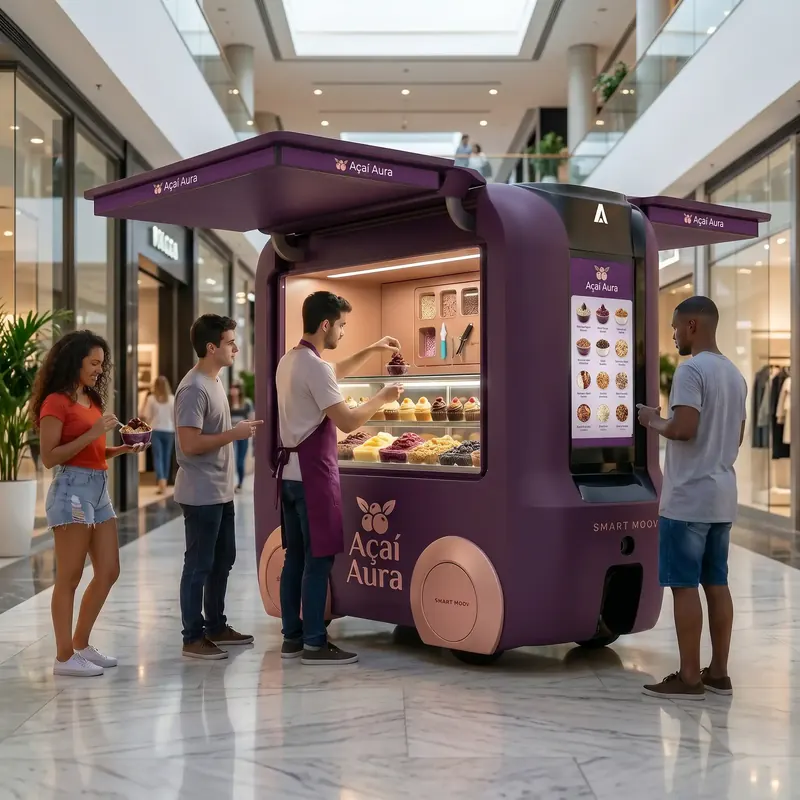 Atendente prepara açaí para cliente em quiosque roxo num shopping