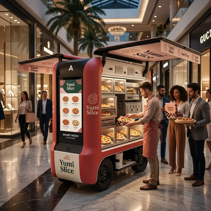 Atendente entrega pedido a clientes em quiosque Smart Moov vermelho num shopping