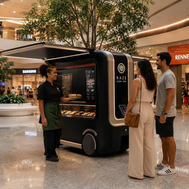 Atendente entrega sushi a um casal em quiosque preto num shopping