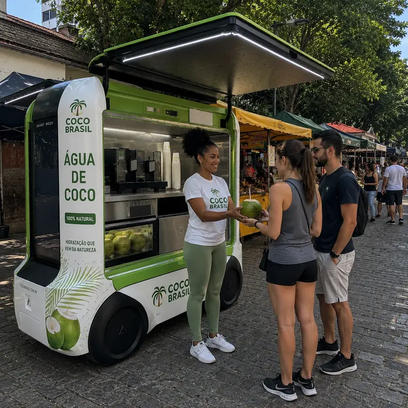 Atendente entrega coco a um casal em carrinho verde e branco numa feira de rua