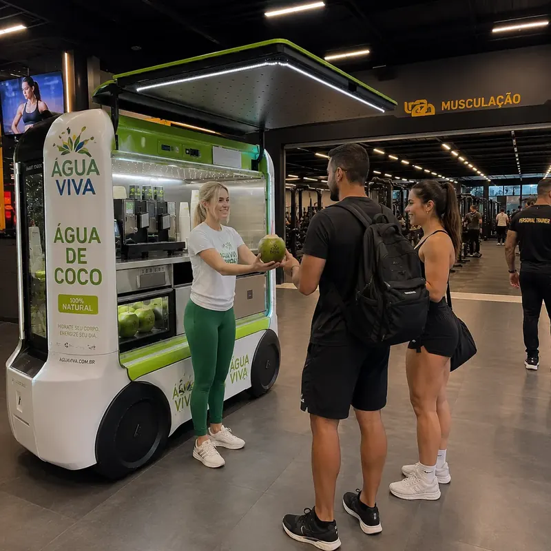 Carrinho de água de coco atendendo alunos dentro de uma academia