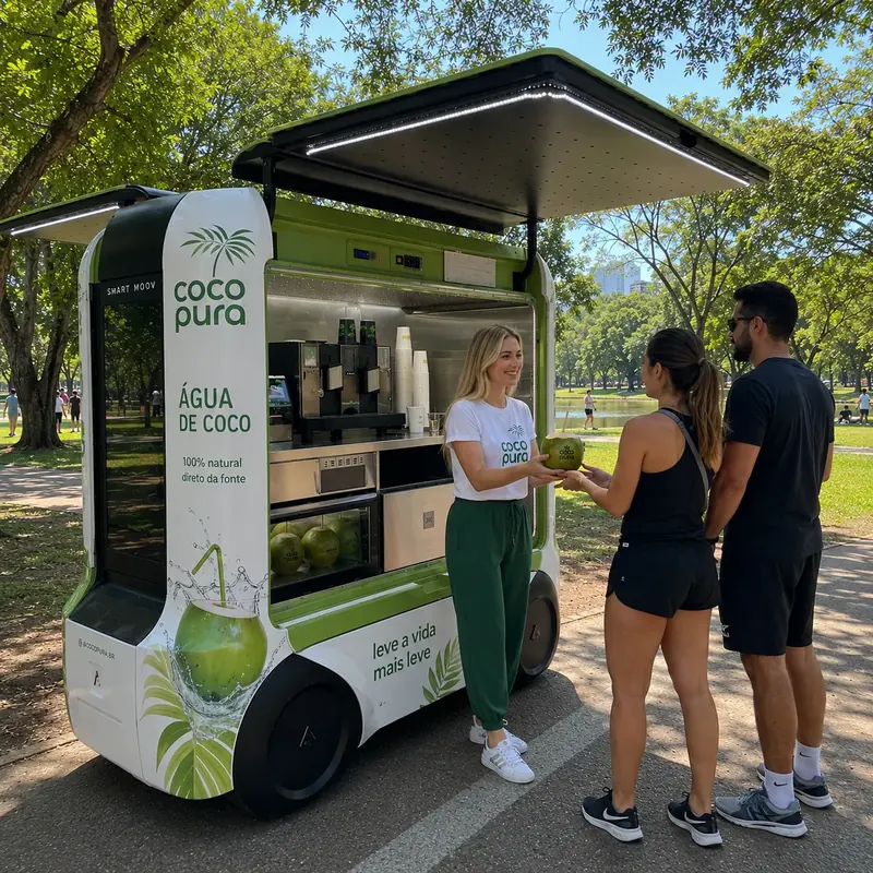Carrinho de água de coco atendendo casal num parque arborizado