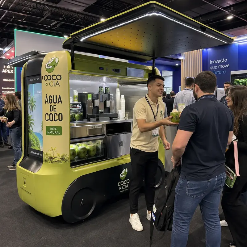 Atendente serve coco a visitantes em carrinho amarelo-esverdeado numa feira de negócios