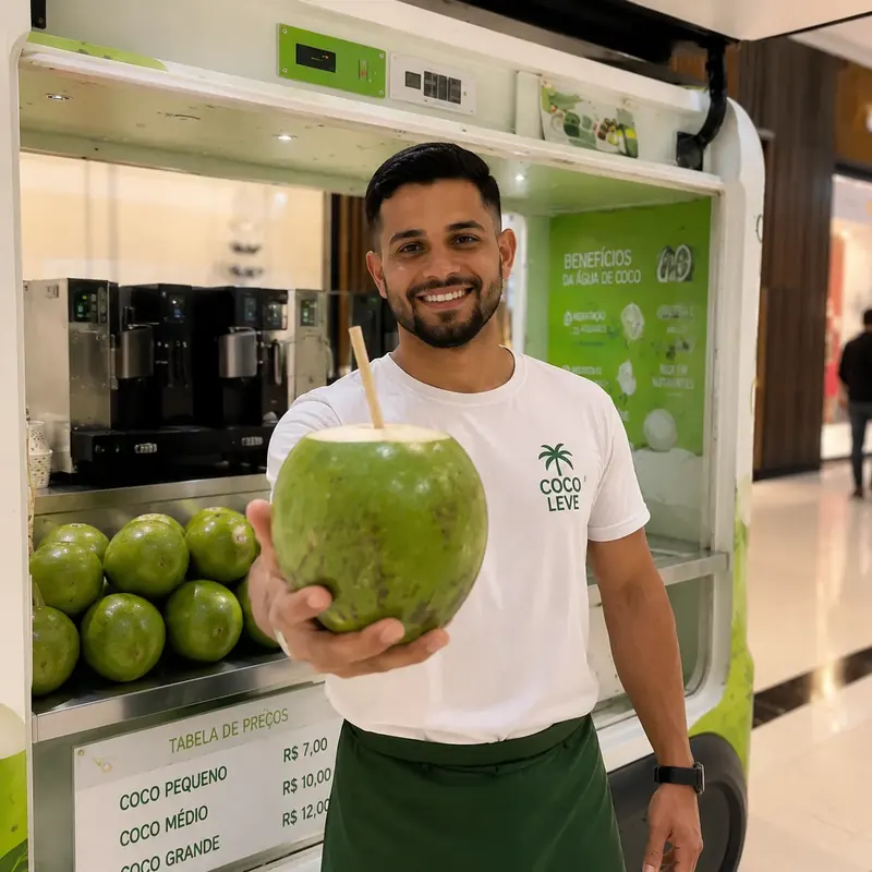 Atendente segura coco verde com canudo ao lado da tabela de preços do carrinho