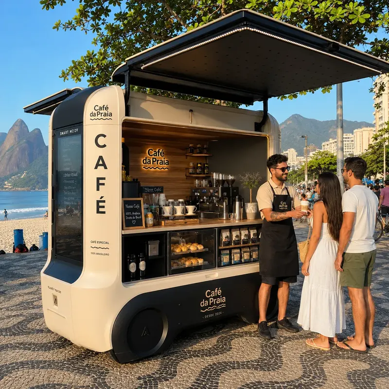 Atendente serve café a um casal em unidade Smart Moov na orla da praia