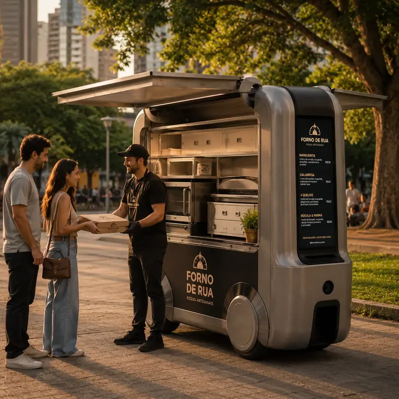 Carrinho de pizza preto atendendo clientes em praça
