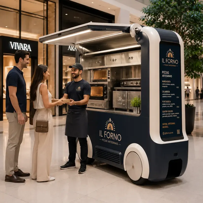 Cliente recebe pedido em carrinho de mini pizza azul