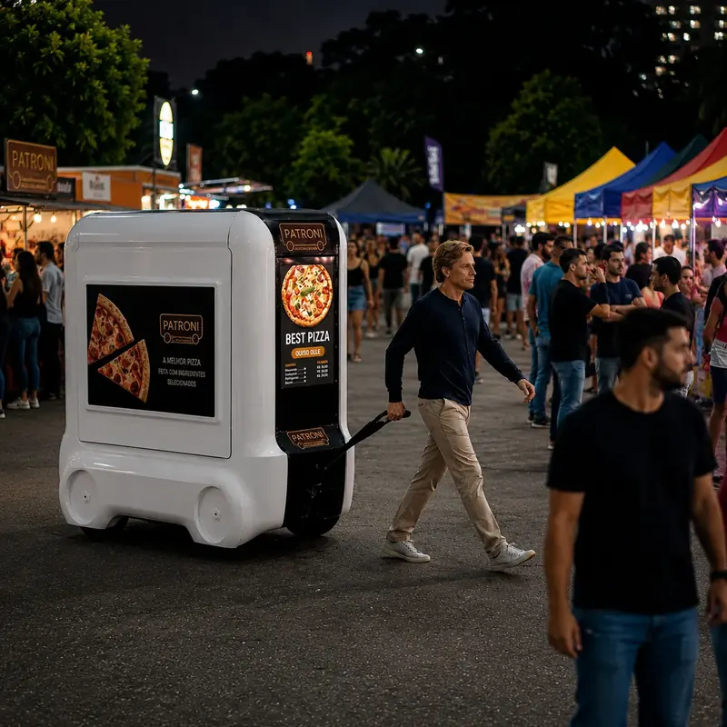 Carrinho de pizza Smart Moov aberto à noite em feira