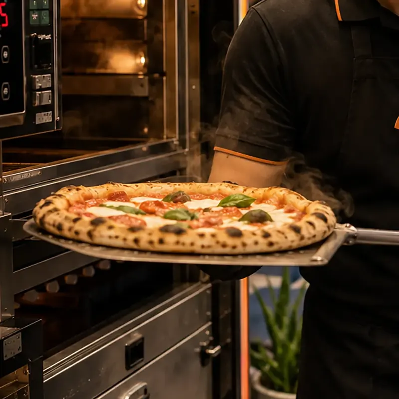 Pizza assada saindo do forno na pá